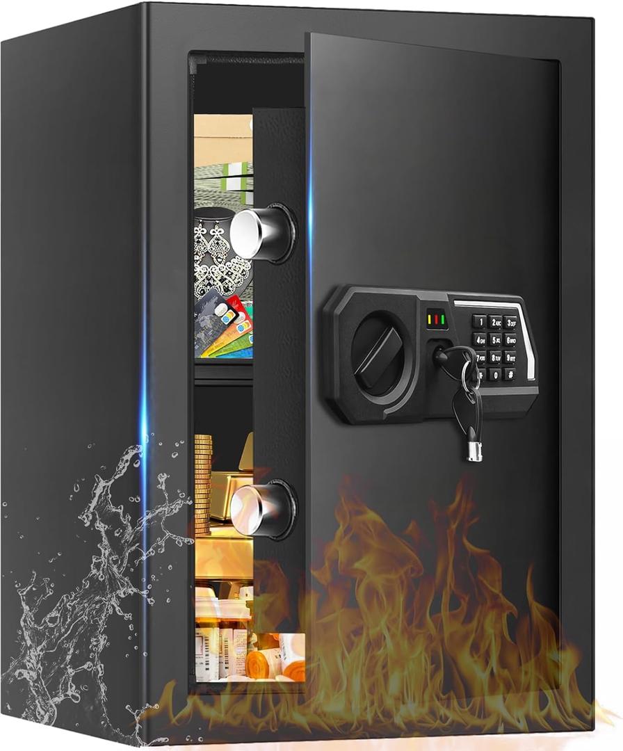3.4 Cub Large Safes for Home Use, Digital Home Safe Box Fireproof Waterproof with Programmable Keypad, Spare Keys and Removable Shelf, Anti-Theft Fire Proof Safe for Document Money Valuables