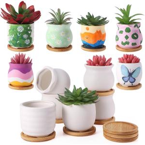 Remerry 6 Pcs 3.5 Inch Mini Succulent Pots with Bamboo Tray White Ceramic Pots Color Your Own DIY Small Planters Containers for Flower Cactus with Drainage Hole for Plant Lover