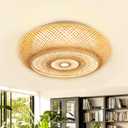 LED Ceiling Light 19.68in Hand-Woven Drum Bamboo Rattan Boho Living Room Light Fixture 50W Flush Mount Ceiling Light 3000-6000K with Remote Ceiling lamp for Bedroom Cafe Farmhouse (Yellow)