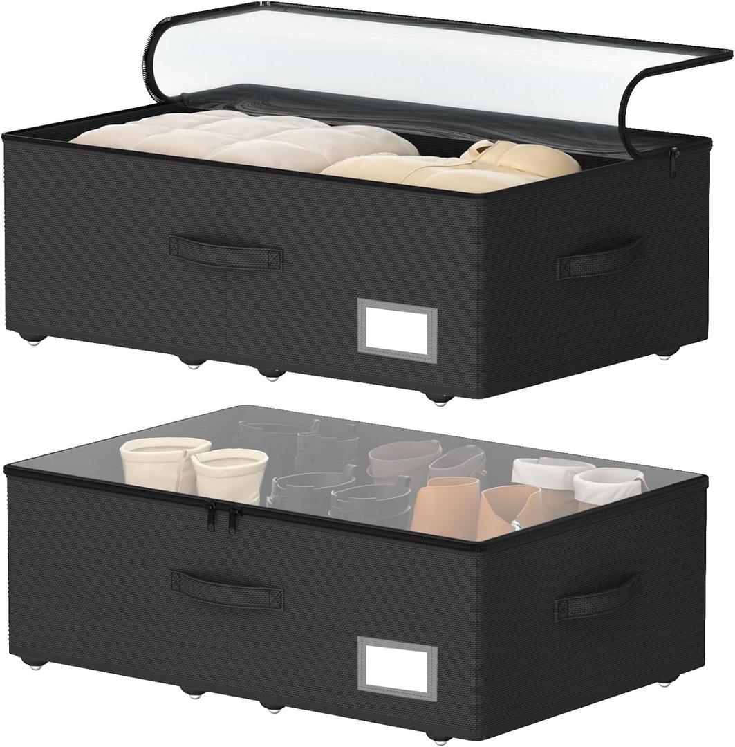 Underbed Storage Bins With Wheels, No Assemble Required 10 inches Height Large Capacity Rolling Underbed Shoe Storage ContainersDorm Underbed Storage Drawers (Black)