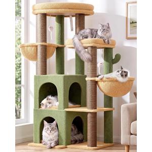 Globlazer Cactus Cat Tree Tower for Indoor Cats Large Adult, S63, Green
63 inch Sturdy Adult Cat Tree House with 2 Platform, 6 Cat Scratching Post, 2 Cat Caves, Dangling Toys