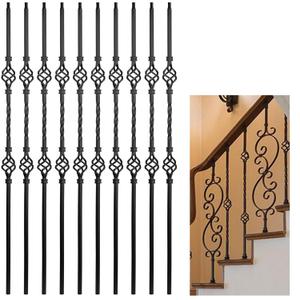 10 Pcs Wrought Iron Balusters, Hollow Double Basket Balusters, 1/2" x 44" Hollow Iron Baluster for Staircase Remodel, Matte Black Metal Railing