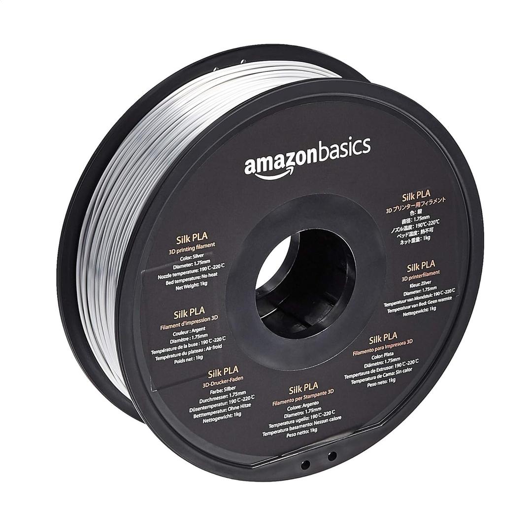 Amazon Basics Silk PLA 3D Printer Filament, 1.75mm, 1 kg Spool (2.2 lbs), Silver, No Heat Bed Required