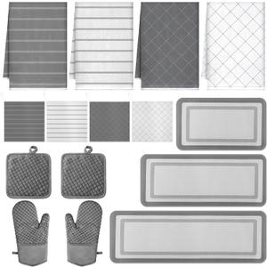 SmoothNovelty 15 Pcs Christmas Kitchen Decor and Accessories Set 4 Kitchen Towels 2 Pot Holders 2 Oven Mitts 3 Rugs 4 Dishcloths Absorbent Set Heat Resistant Pot Pads for Cooking Baking(Grey) (Gray)
