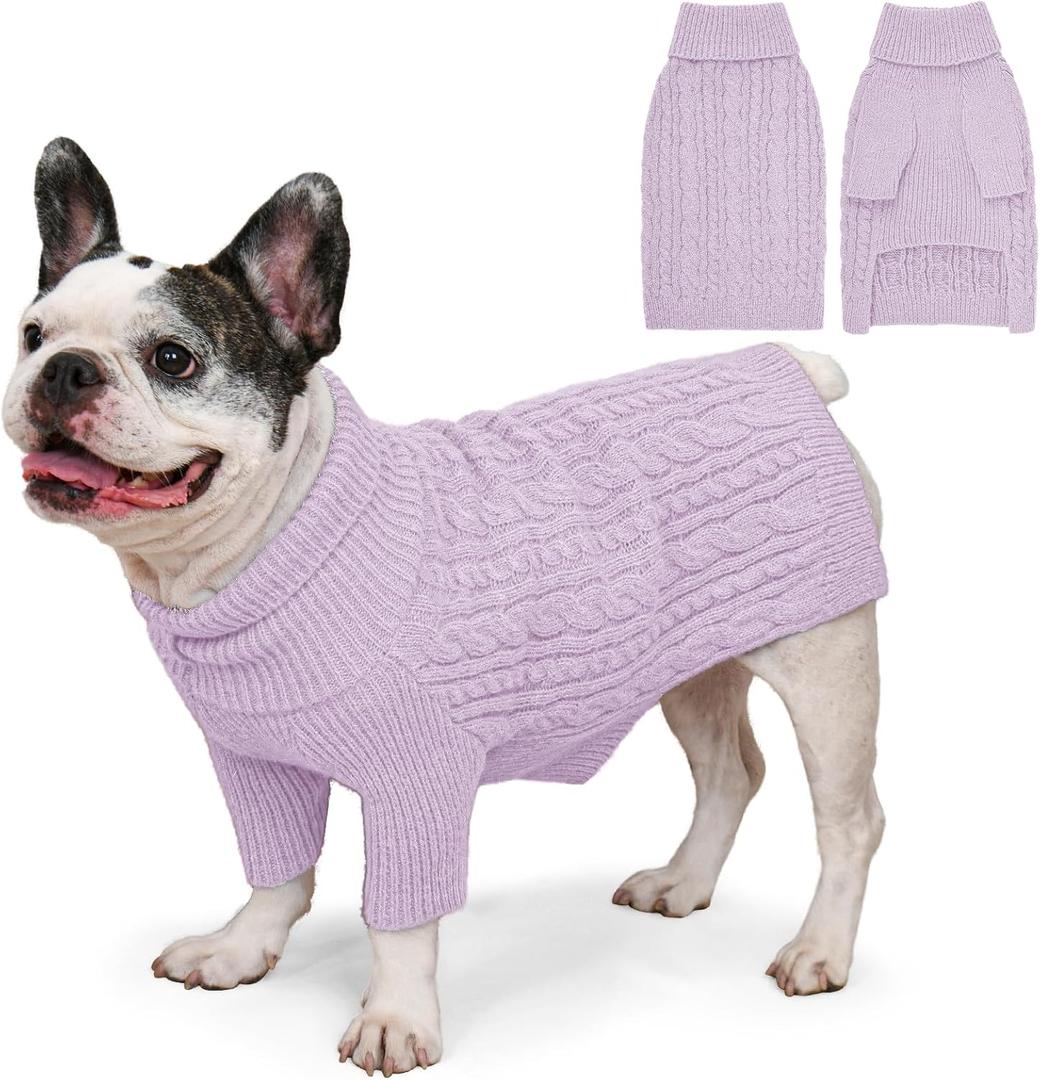 Dog Sweater Turtleneck Pullover Cable Knit for Boys Girls Medium Dogs Frenchie Dachshund Corgi Beagle Winter Stretch Clothes Long Sleeves (M, Purple)