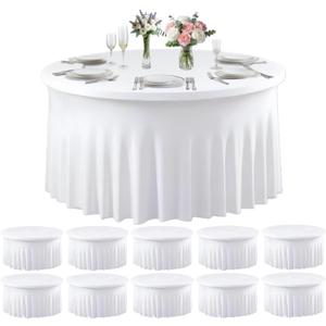 10 Pack White Spandex Round Tablecloths for 60inch Tables, 120 Inch Stretchy 5ft Round Fitted Tablecloth Wrinkle Free Washable Table Cloths Table Covers with Skirt for Wedding Party Birthday Banquet