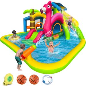 RETRO JUMP Inflatable Water Slide, Flamingo Water Park Bouncy Castle, 9 in 1 Waterslides with Climbing Wall, Splash Pool, Toy Market Stand, Bounce Area, Water Cannon, Basketball Rim, Sprinkler and Blower