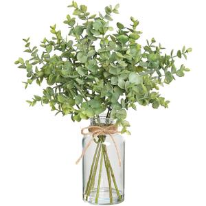 Zheart Fake Eucalyptus Stems in Glass Vase with Faux Water, 14" Artificial Plants Eucalyptus Leaves for Shelf Desk Bathroom Farmhouse Room Coffee Table Home Decor (Sage Green)