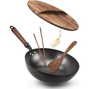 Wok Pan 12.5", Woks and Stir Fry Pans with lid, Carbon Steel Wok with Cookware Accessories, Flat Bottom Suits for all Stoves