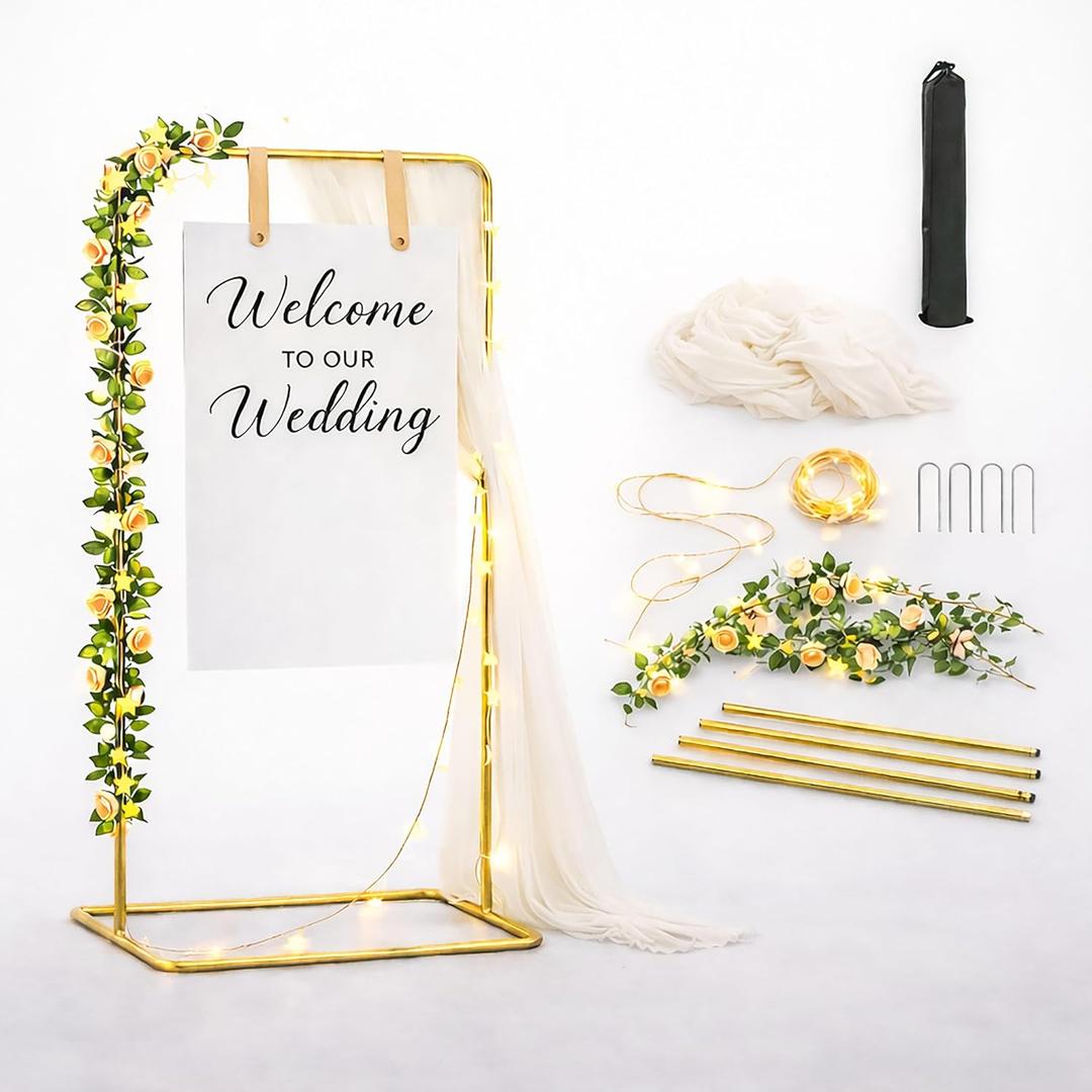 Gold Wedding Welcome Sign Stand Set  Elegant Adjustable 6.56ft Wedding Welcome Dcor Stand for Ceremony, Reception & Photo Welcome Signs (Gold)