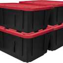 12 Gallon Large Storage Bin with Snap Lid, Black and Red, Heavy Duty Plastic, Stackable, 30.6x20.6x14.3 Inches, Set of 4 (12 Gallon, 4)