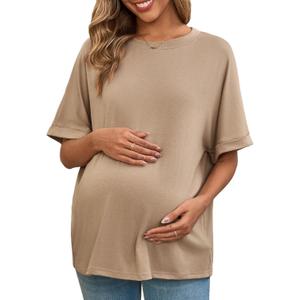 Tankaneo Womens Maternity T Shirts Oversized Short Sleeve Tunic Tops Casual Summer Loose Fit Crewneck Pregnancy Clothes (Large, Khaki)