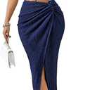BEAUDRM Women's 2 Pieces Summer Outfits Textured Halter Crop Top and Split Maxi Skirt Set S Going Out Beach Vacation Outfits, Deep Blue, Small