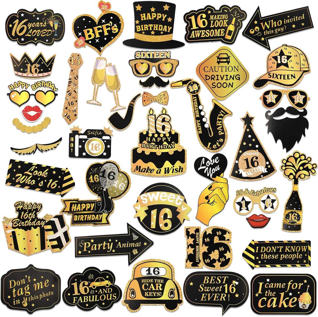 Howaf 16th Birthday Photo Booth Props, 40Pcs Black Gold Funny 16th Birthday Photo Props DIY Decoration Accessories Glasses Hat Moustache Necktie, Gift for 16th Happy Birthday Party Favor Supplies