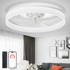 DLLT Modern Ceiling Fans with Lights: 20" Flush Mount Low Profile Ceiling Fan with APP Remote Control - White LED Bladeless Fandelier Dimmable Quiet DC Motor for Bedroom Living Room