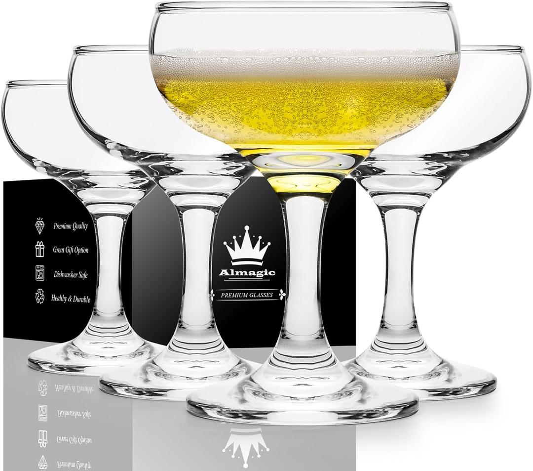 Coupe Glasses Set of 4-5 oz / 150 ml Premium Crystal Champagne Coupe Glass, Pure Clear Cocktail Glasses for Champagne, Espresso, Margarita, Manhattan - Elegant Bar Accessories & Housewarming Gifts