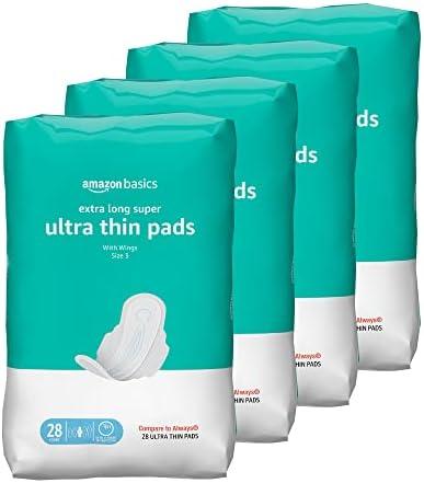 Amazon Basics Ultra Thin Pads with Flexi-Wings for Periods, Extra Long Length, Super Absorbency, Unscented, Size 3, 112 Count (4 Packs of 28) (Previously Solimo)