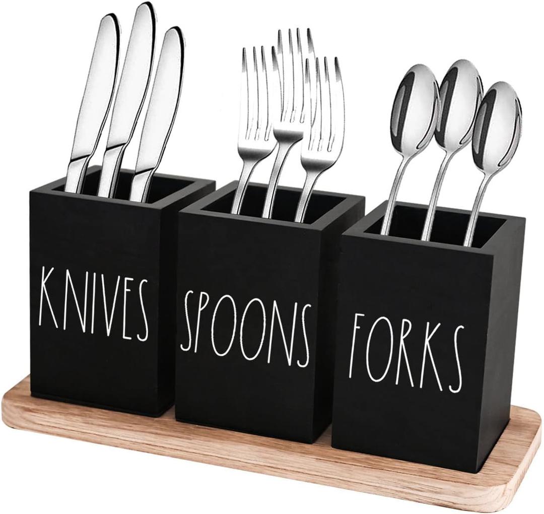 CHONIC Farmhouse Silverware Holder, Rustic Wood Silverware Caddy with Tray, Spoon Fork Knives Flatware Dispenser, Utensil Countertop Organizer, Plastic Cutlery Holder for Kitchen Party (Black)