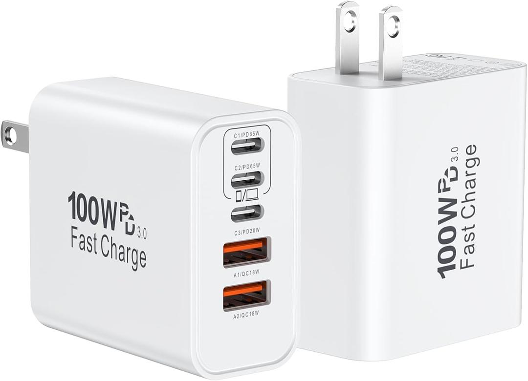 USB C Super Fast Charger Block, 100W USBC Wall Charger Plug, 2Pack 5-Port 65W Type C Phone Charging Cubes Multiport Power Adapter for iPhone 17/16/15/14/13/12 Series,Galaxy S26/S25 Ultra,iPad,Mac Book