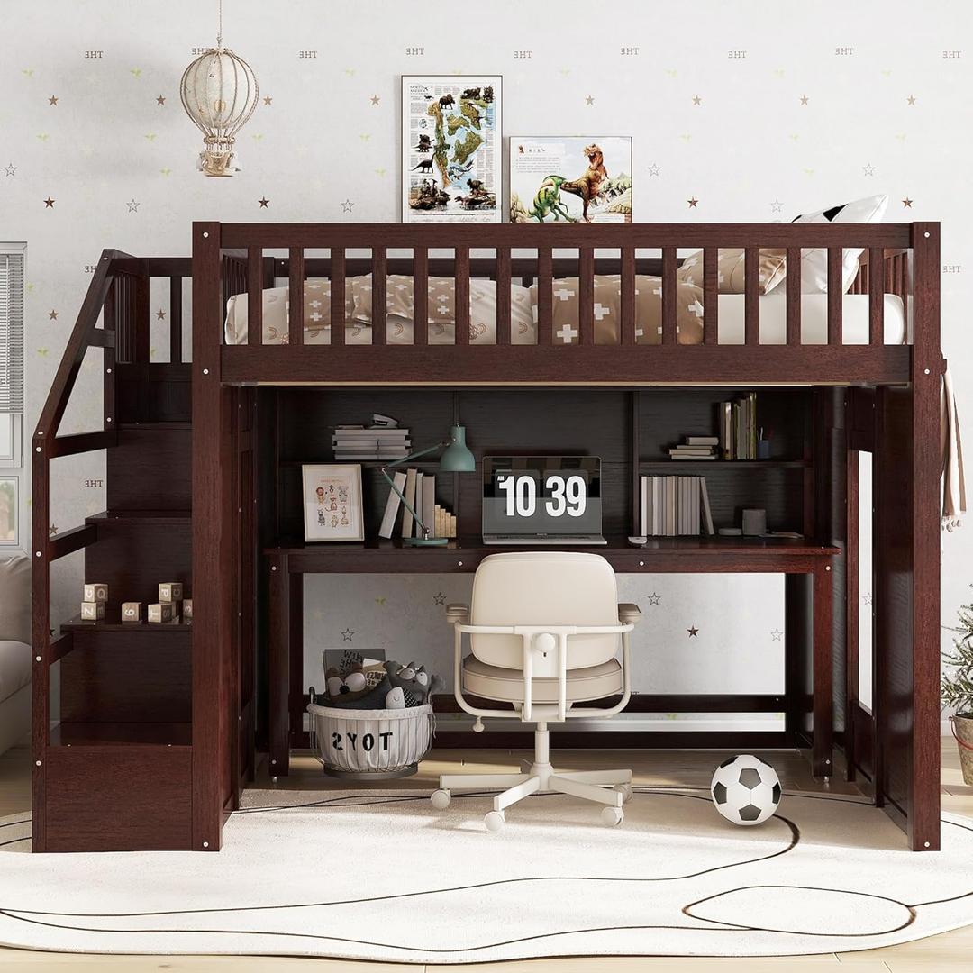 KEIKI Full Size Loft Bed with Movable Desk, Storage Shelf, Storage Stairs, Wood Bedframe, Espresso