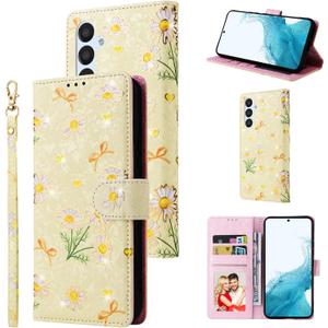 UEEBAI Wallet Case for Samsung Galaxy S25 5G, PU Leather Phone Case Kickstand RFID Blocking Flip Case Card Slots Wrist Strap Relief Engraved Pattern Magnetic Closure Flower Folio Case, Yellow Daisy