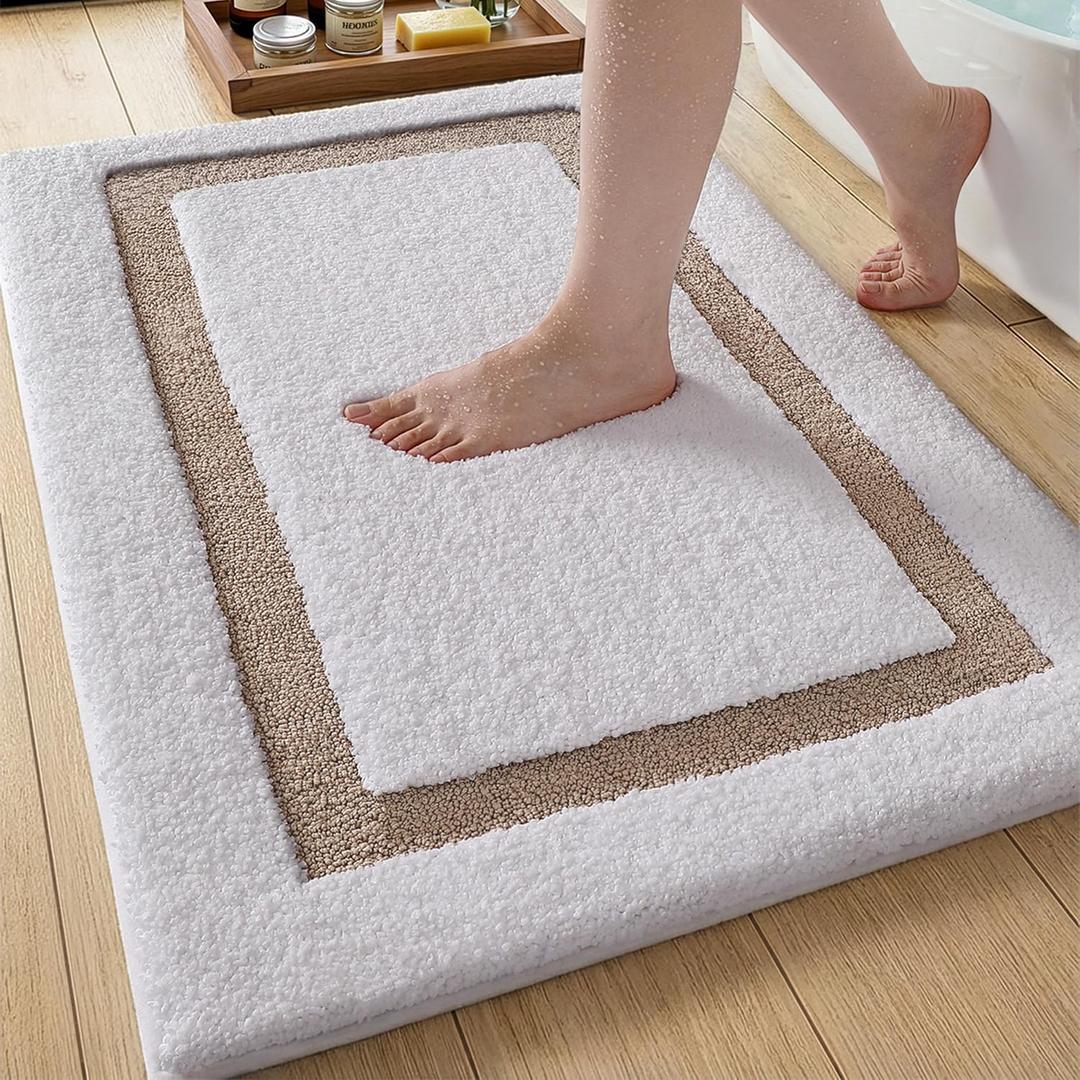 Color&Geometry White Bathroom Rugs 30x20, Extra Soft Absorbent Microfiber Bath Rugs, Non-Slip Bathroom mat, Washable Plush Bath Mats for Bathroom, Shower, Bathtub, Laundry, White Beige
