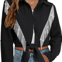 MYMORE Womens Rhinestone Fringe Cropped Button Down Shirt Rolled 3/4 Sleeve Tie Front Top Western Cowgirl Rodeo Outfit, M