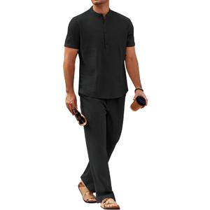 COOFANDY Mens 2 Pieces Cotton Linen Sets Short Sleeve Casual Henley Shirt Summer Beach Pants Lounge Vacation Outfits Set (XX-Large, Black)