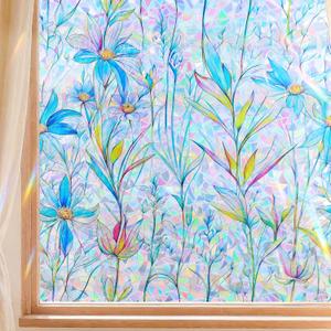 FINNEZ Window Privacy Film Stain Glass Film Flowers Rainbow Window Film Window Clings Non-Adhesive Reusable Decorative for HomeBlue Lotus23.6 Inch x 6.5 Feet