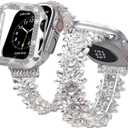 Bling Band and Case Compatible with Apple Watch Ultra 2/Ultra Band 49mm 45mm 44mm 42mm 41mm 40mm 38mm, Women Dressy Diamond Link Bracelet with Rhinestone Bumper Cover for iWatch SE 2/SE Series 9/8/7/6/5/4/3/2/1 (Silver)