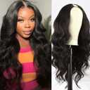 V Part Wavy Wig Long Body Wavy Upgrade U Part Synthetic Wigs for Black Women Full Head Clip In Hair Glueless Synthetic Wigs 24Inch Natural Black (Natural Black)