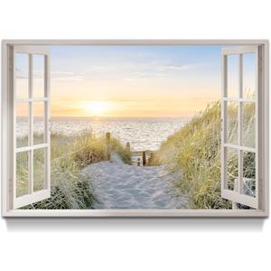 Open Window Canvas Wall Art: Sunset Coastal Beach Scene Picture Relaxing Ocean Sea Painting Modern Seascape Artwork Prints for Bedroom, 36"L x 24"W