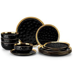 LOVECASA 11 Pieces Plates and Bowls Sets, Porcelain Black and Gold Dinnerware Sets, Round Dinner Plates Dishes Set Service for 4, Dishwasher Safe and Scratch Resistant, Black
