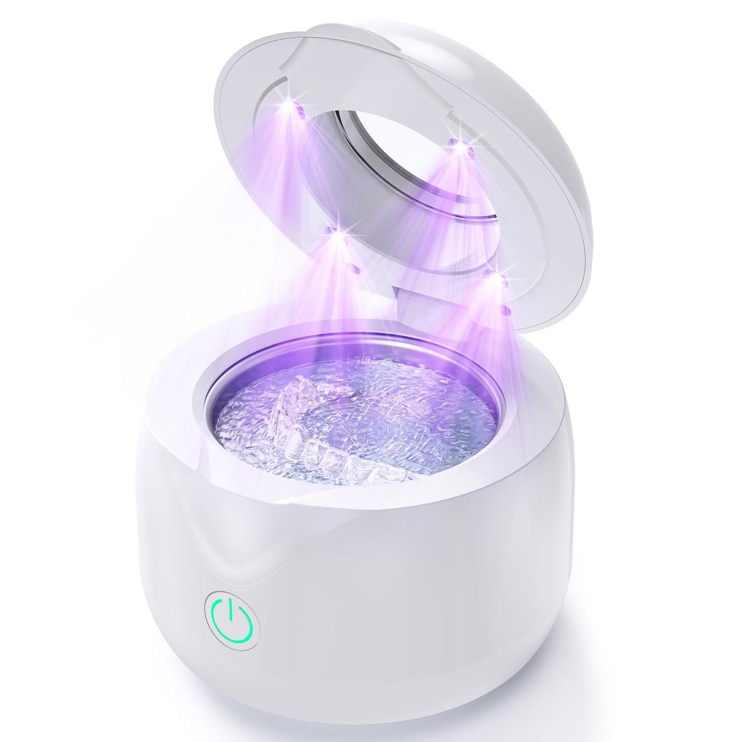 Ultrasonic Retainer Cleaner - UV Dental Cleaning Pod Night Guard Cleaner for Dentures, Aligner, Braces, Toothbrush Heads, Jewelry (White)