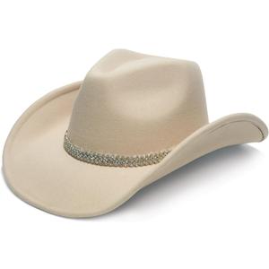 YOUBADU Faux Suede Felt Western Cowboy Hat for Women or Men, Wide Brim, Rivet Strap (Beige)