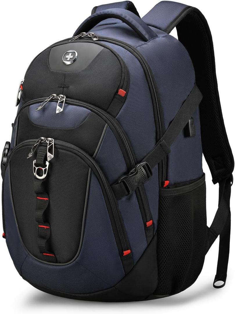Swissdigital Design Business Laptop Backpack with Smart USB Charging Port, Travel Backpack Fits 15.6 inches Laptops, Water Repellent College Backpack for Men Women, Blue/Black | SD803