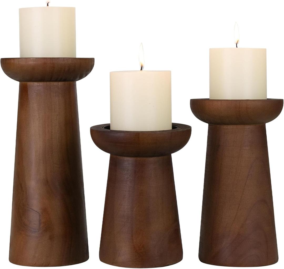 Pillar Candle Holders Set of 3 Wooden Candle Holders Decorative Wood Candlestick Holders for Living Room, Table Centerpiece for Wedding, Christmas, Party, Home - 6", 8", 10"