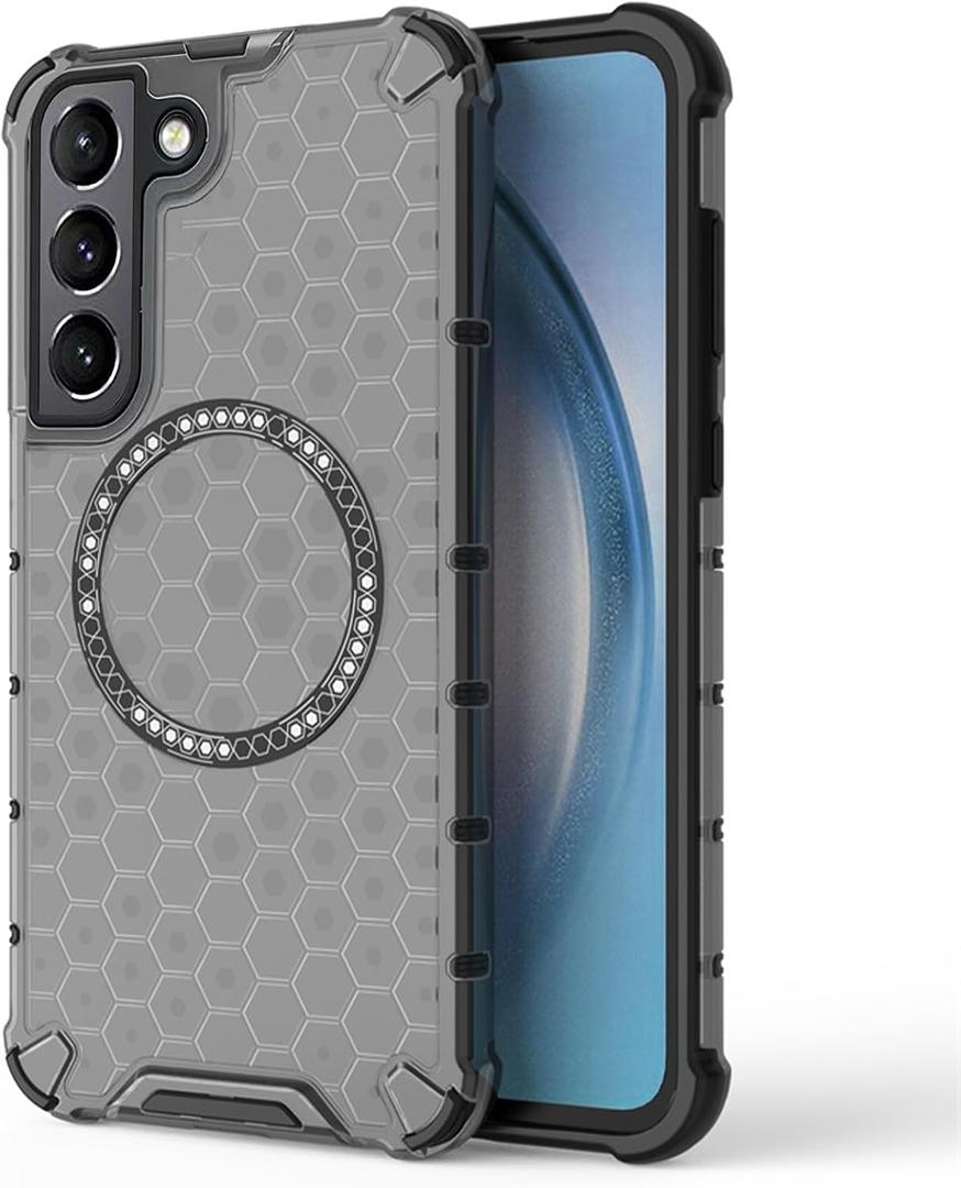 for Samsung Galaxy S22 Case Magnetic, Honeycomb Semi-Transparent Military-Grade Shockproof Drop Anti-Scratch Protective Phone Case for S22 6.1", Black