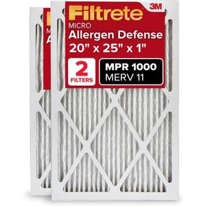 Filtrete 20x25x1 AC Furnace Air Filter, MERV 11, MPR 1000, Micro Allergen Defense, 3-Month Pleated 1-Inch Electrostatic Air Cleaning Filter, 2 Pack (Actual Size 19.688 x 24.688 x 0.84 In)