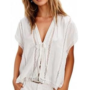 People Free Dupes Top, Womens Satin Lace Shirts Short Sleeve Button Up Chiffon Cardigan Tie Front Coquette Flowy Y2k Tops Clothes Small