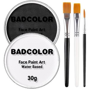 Black & Clown White Face Body Paint with 3Pcs Painting Brushes, Water Based SFX Makeup Palette for Kids & Adults, Non-Toxic Facepaint for Halloween, Cosplay, Costume & Theater