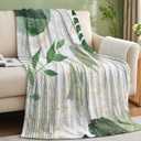 Sage Green Leaf Throw Blanket Mid-Century Green and Gold Boho Flannel Blankets for Couch Bed Living Room Sofa, Decorative Patterned Super Soft Cozy, 50x60 in