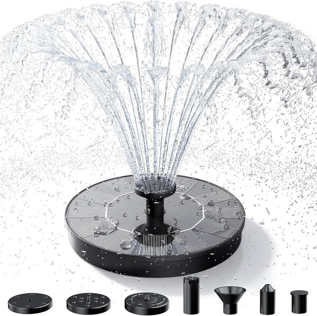 AISITIN Solar Fountain, Solar Bird Bath Fountains Pump with 6 Nozzles, 2026 Upgraded Free Standing Floating Solar Powered Water Fountain Pump for Bird Bath, Garden, Pond, Pool and Outdoor (Black-1)