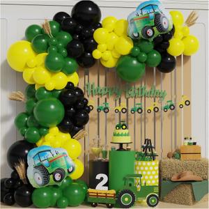 Tractor Balloon Garland Arch Kit 141PCS Farm Dark Green Black Yellow Balloon with Tractor Foil Balloon for Farm Themed Boy Birthday Baby Shower Party Decorations