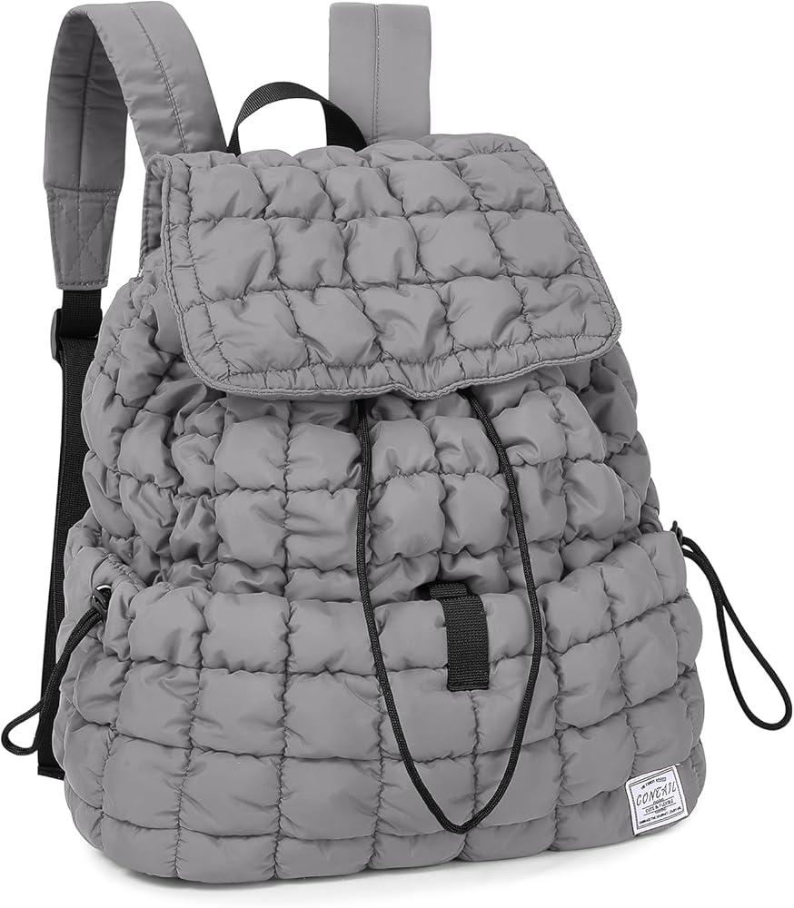 CONTAIL 18L 14 Inch Quilted Puffer Backpack,Top Flap Drawstring Backpack,Grey