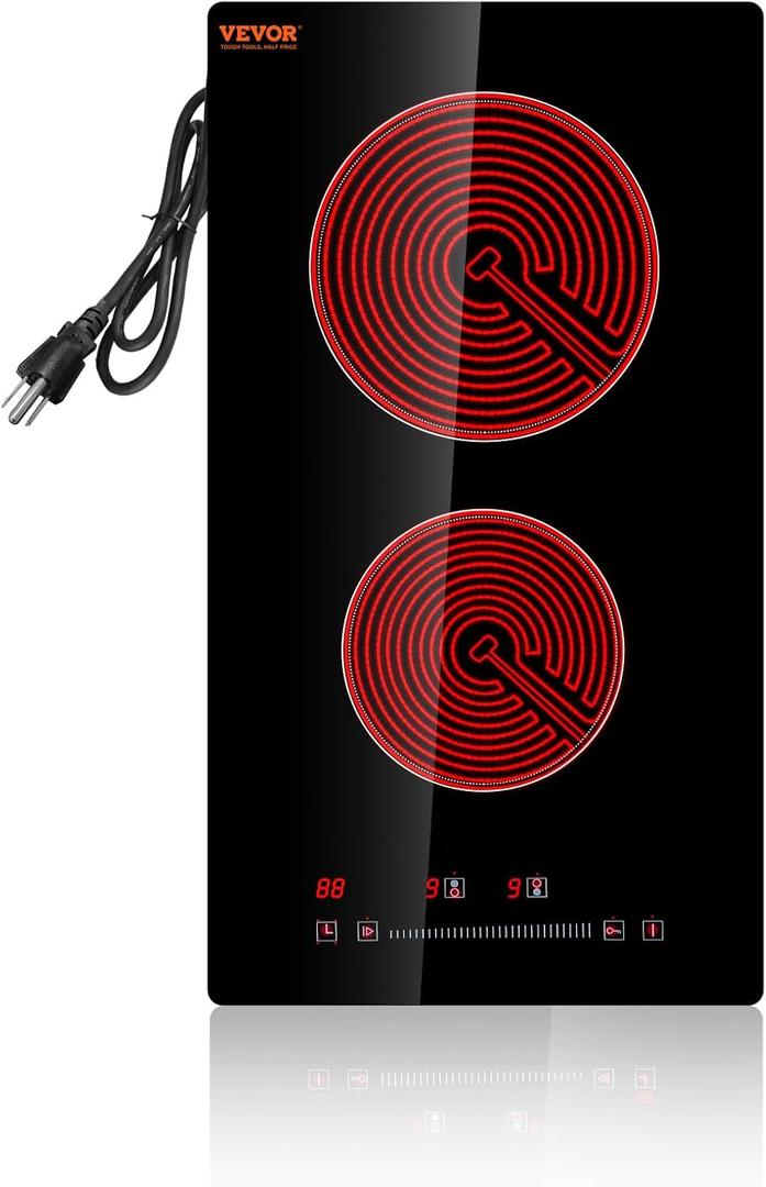 VEVOR Built in Electric Stove Top, 12 inch 2 Burners Ceramic Cooktop, Glass Radiant Cooktop with Sensor Touch Control, Timer & Child Lock Included, 9 Power Levels for Simmer Steam Slow Cook Fry,110V