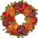 Artificial Fall Wreath for Front Door  24 Inch Peony & Mixed Floral Wreath with Maple Leaves & Berries, Rustic Autumn Wall Dcor