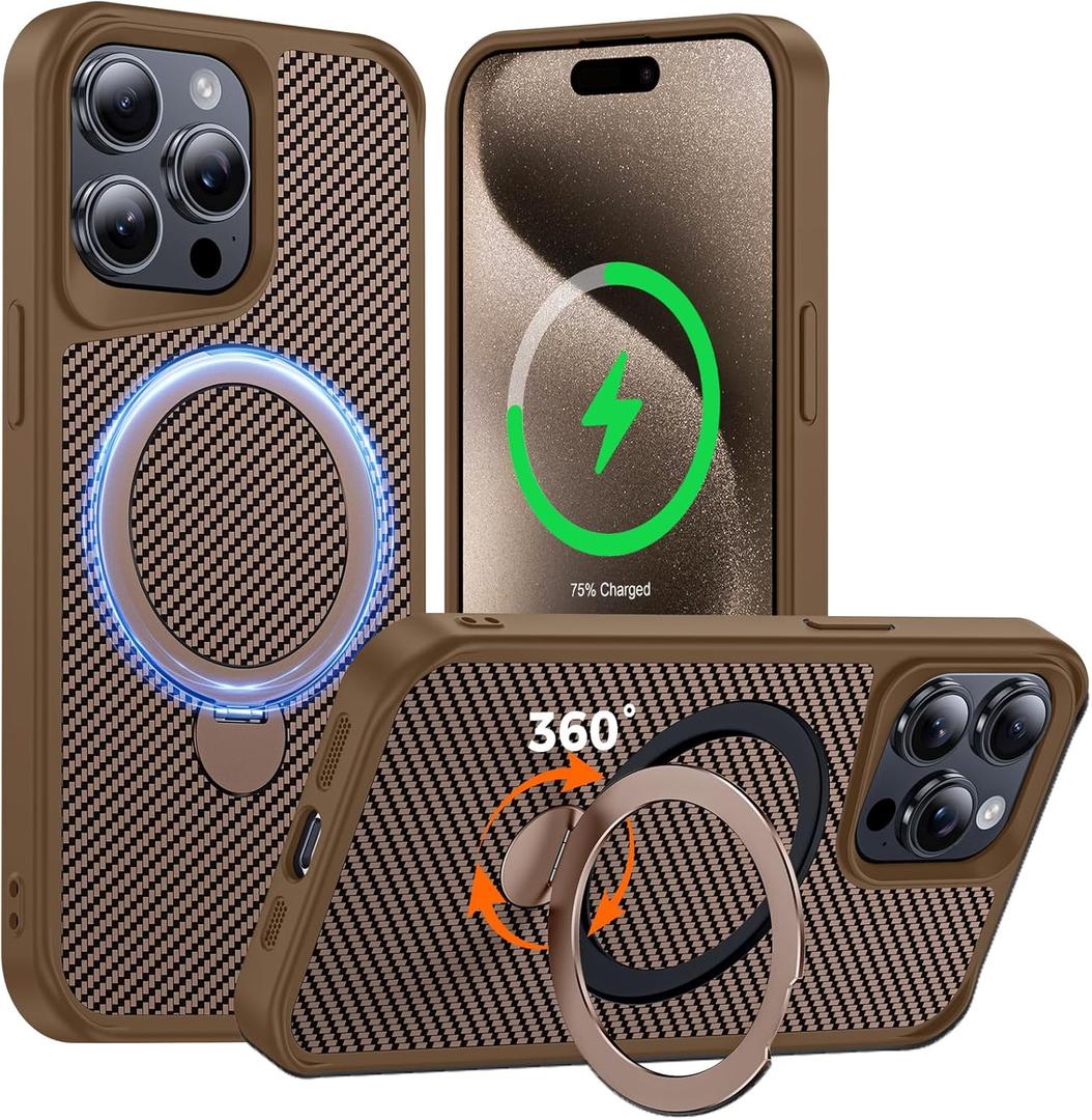 FlyReal Designed for iPhone 15 Pro Case with 360 Magnetic Stand, Carbon Fiber Phone Case [Compatible with Magsafe] [16FT Military Protection] with Rotatable Ring Stand 6.1'', Desert Titanium