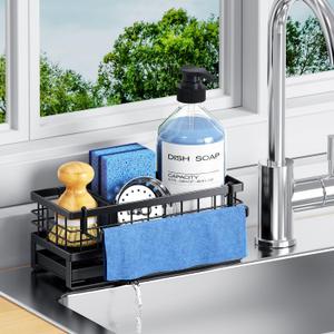 Kitchen Sink Sponge Holder - Self-Draining, Detachable Dish Cloth Holder, Rustproof Kitchen Countertop Organizer, Black