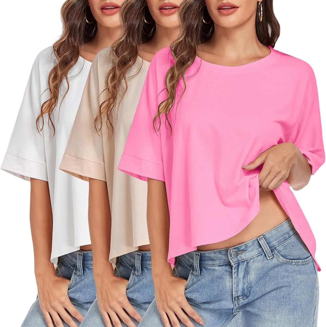 HOUZONIY Womens Oversized T-Shirts Short Sleeve Loose Crewneck Solid Baggy Fashion Tops Shirt for Women Casual Basic Fit Tees, 2 Pack, L